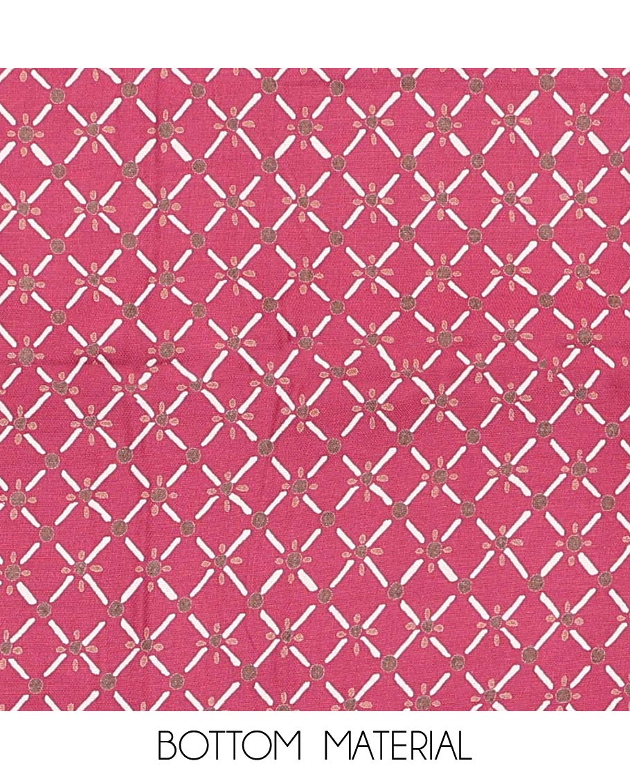 Pink material chudidar set, geometric with neck embroidered top, jaal printed bottom, and shibori dyed dupatta - Image 3