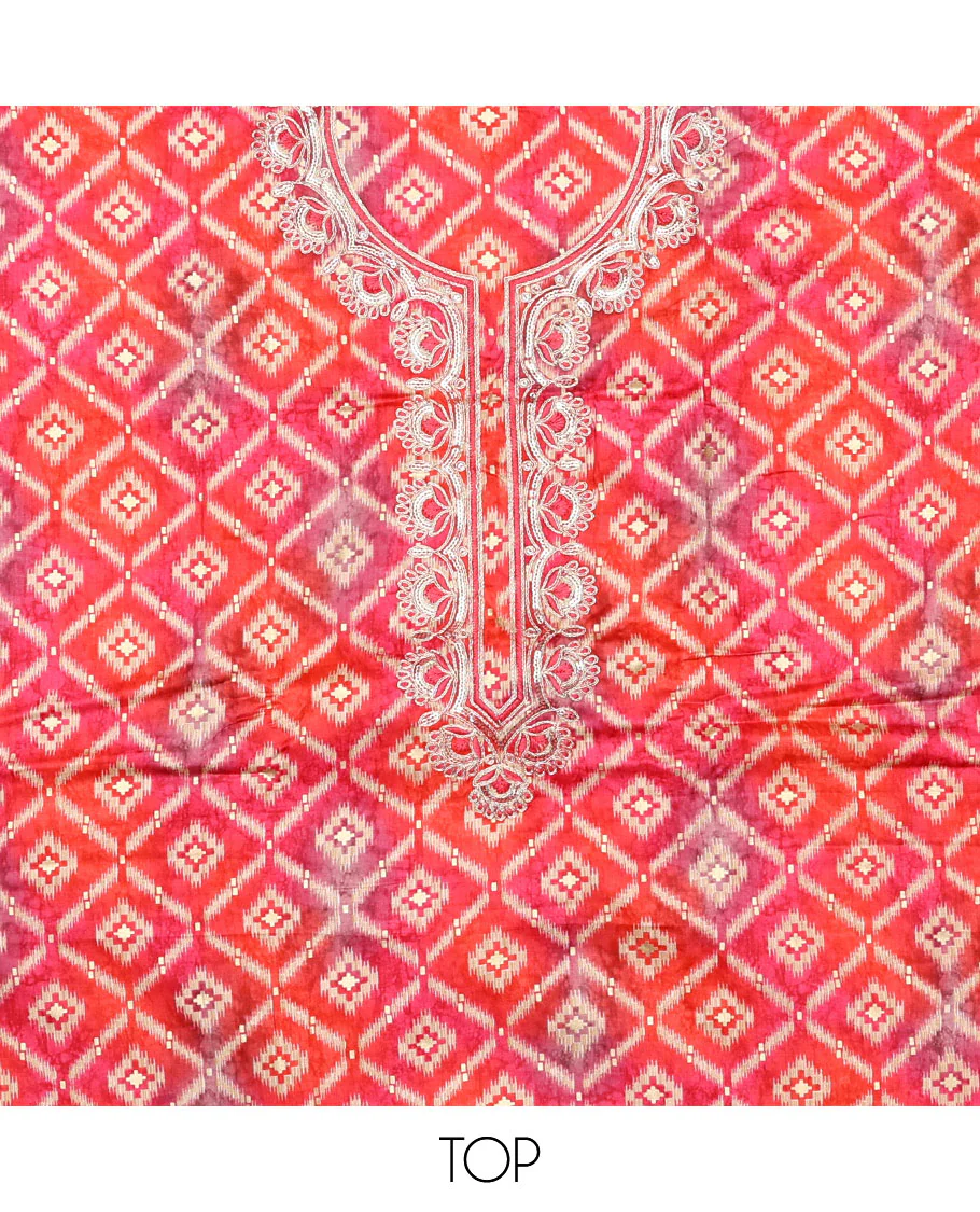 Pink material chudidar set, ikkat jaal printed with neck embroidered top, plain bottom, and floral vine sequins embroidered dupatta - Image 2