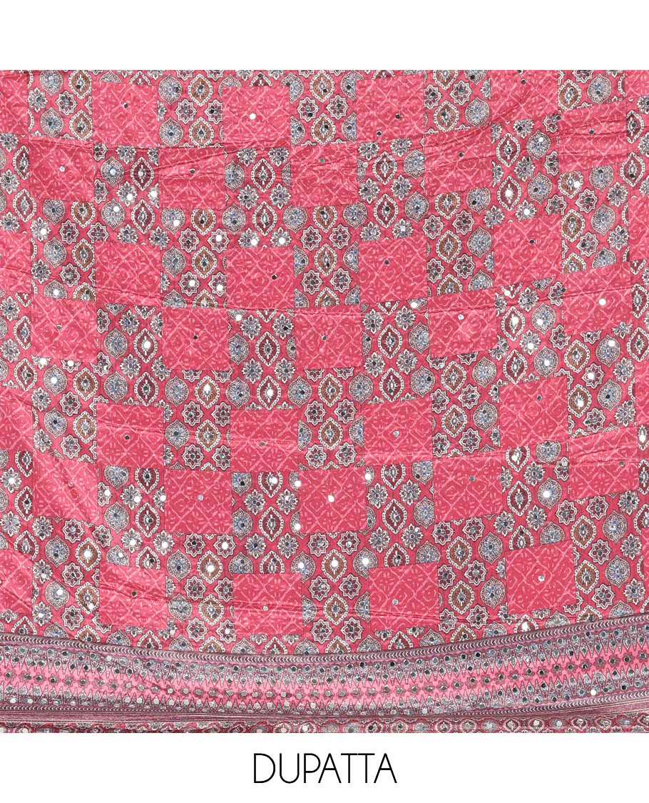 Pink material chudidar set, intricately printed with neck mirror work crepe top, Italian crepe bottom, and digital printed mirror work chinon dupatta - Image 2