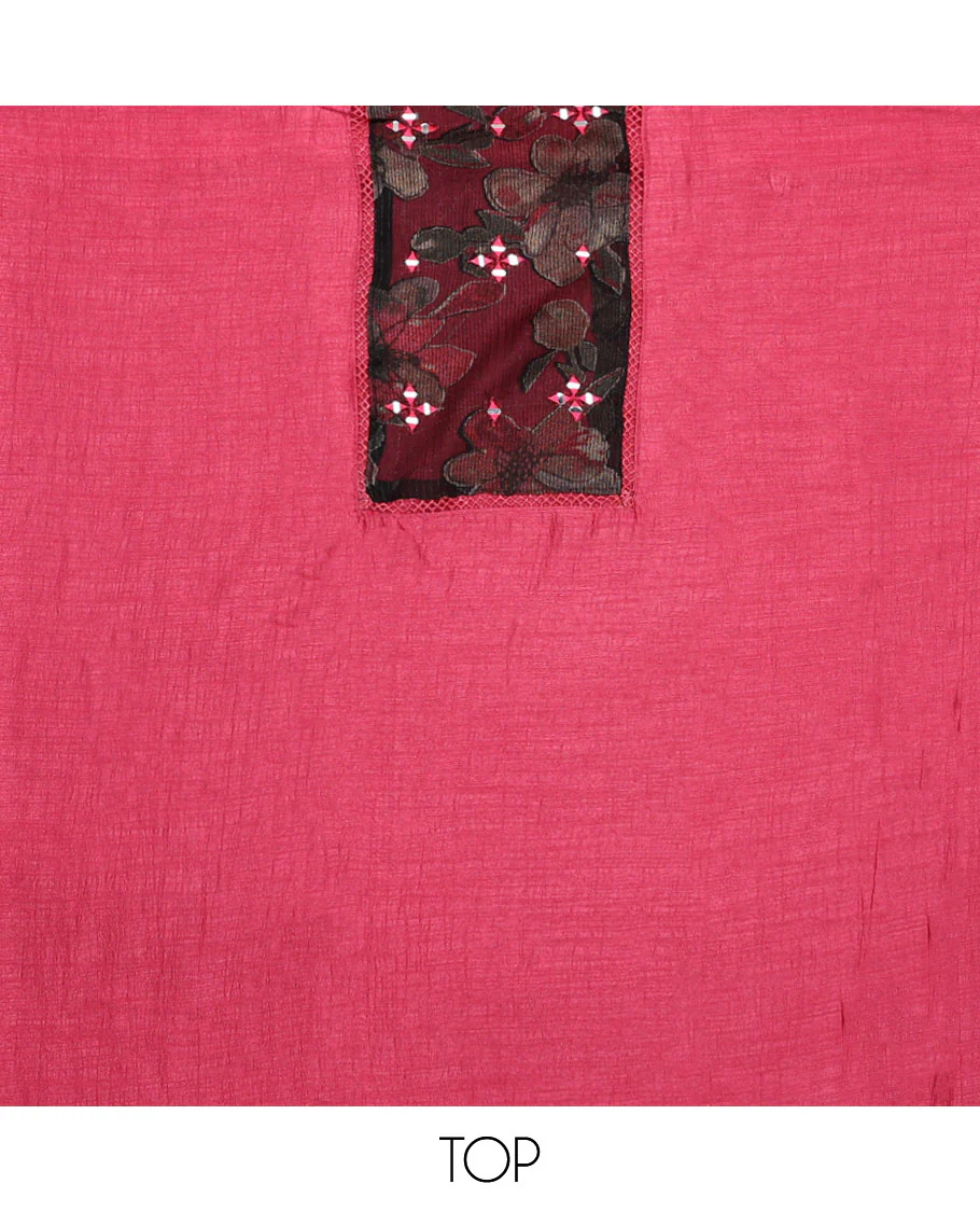 Pink material chudidar set, plain with patch embroidered work top, plain bottom, and floral printed dupatta - Image 2