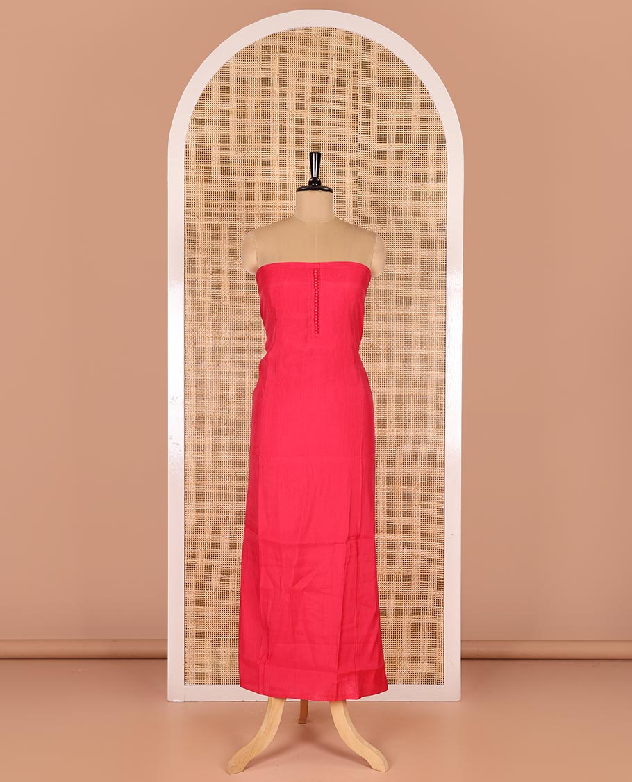 Pink material chudidar set, plain with pom-pom tasseled mul chanderi top, a matching bottom, and organza dupatta of stripes - Image 3