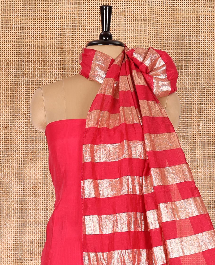Pink material chudidar set, plain with pom-pom tasseled mul chanderi top, a matching bottom, and organza dupatta of stripes - Image 4
