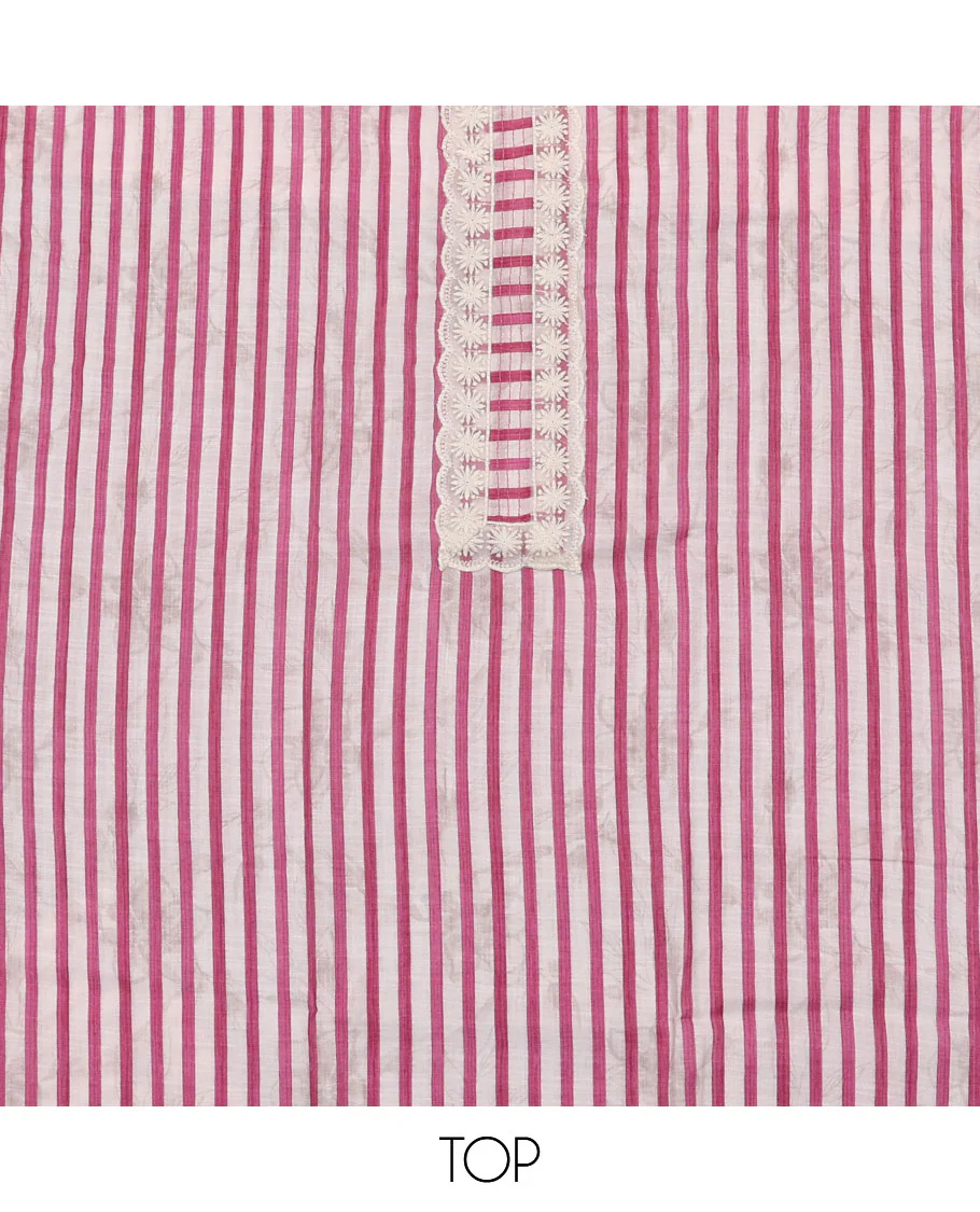 Pink material chudidar set, striped and neck work top, plain bottom, and floral printed dupatta - Image 2