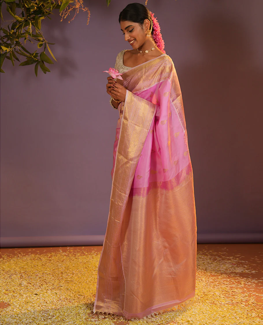 Pink mayil buttas Vasundhara silk saree, zari border of muthu, diamond, mayil kann, kamalam, and mayil designs, and intricate pallu - Image 5
