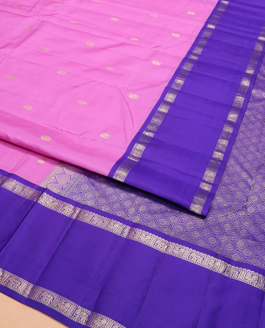 Pink mayil chakram Vasundhara silk saree, contrast rettai pettu border of rekku, muthu, and mayil and yaanai designs, and jaal pallu - Image 2
