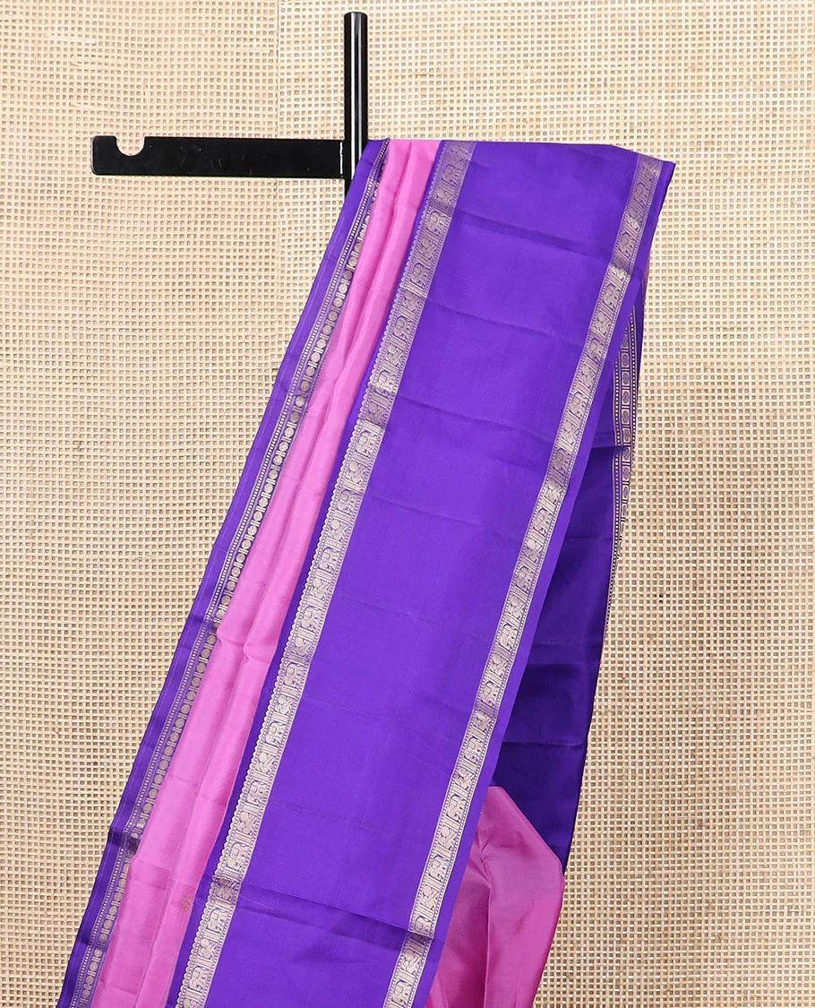Pink mayil chakram Vasundhara silk saree, contrast rettai pettu border of rekku, muthu, and mayil and yaanai designs, and jaal pallu - Image 3