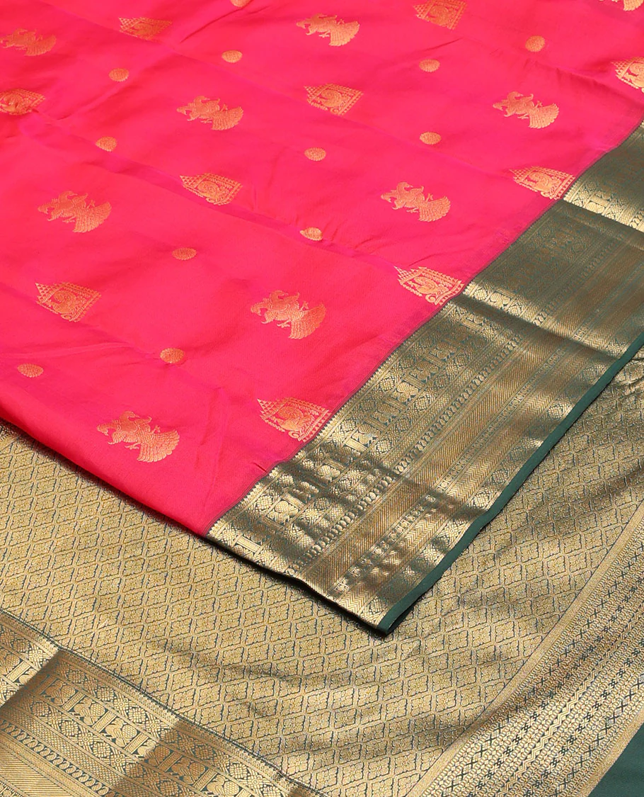 Pink mayil & iruthalai pakshi buttas Vasundhara Lite Silk Mix Saree, contrast border of thilakam mokku,banaras,laddu kamalam,mayil,manga mokku,vanki & kuyil kann & jaal pallu - Image 3