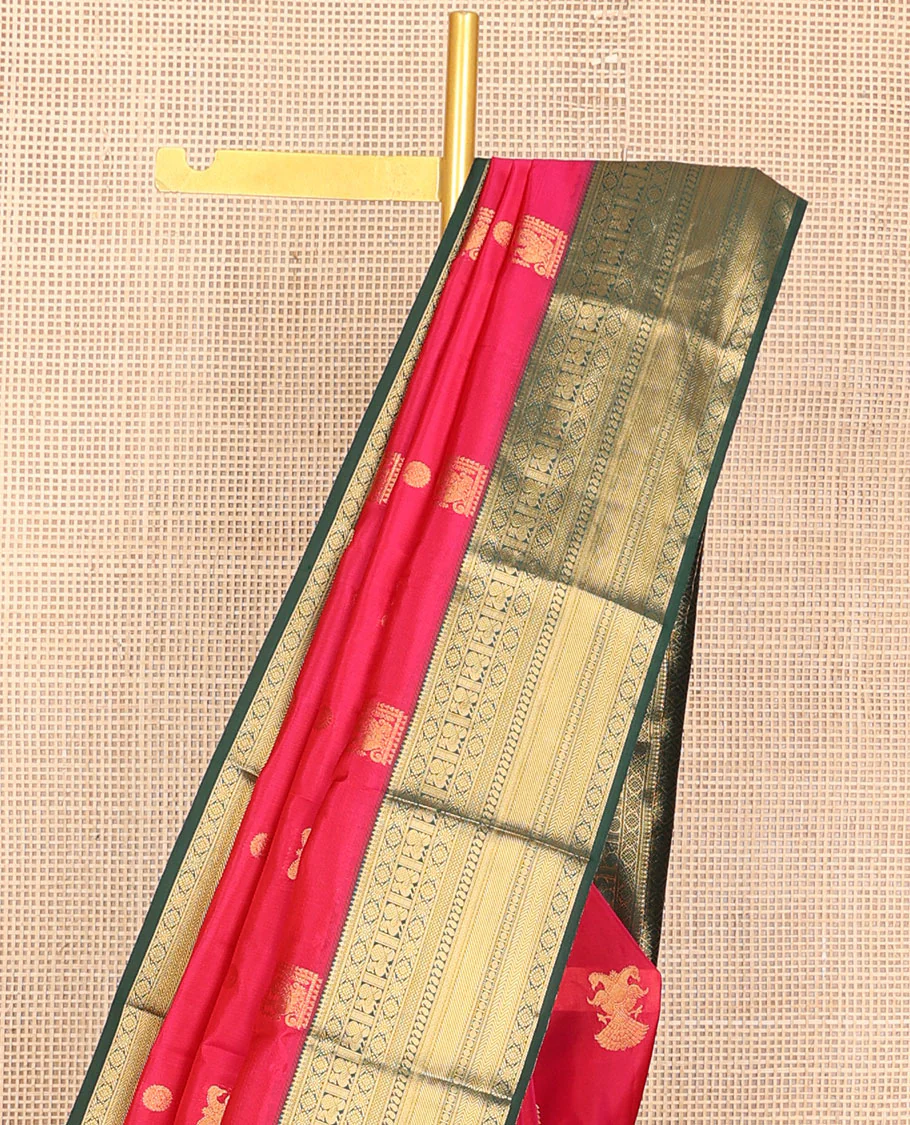 Pink mayil & iruthalai pakshi buttas Vasundhara Lite Silk Mix Saree, contrast border of thilakam mokku,banaras,laddu kamalam,mayil,manga mokku,vanki & kuyil kann & jaal pallu - Image 4