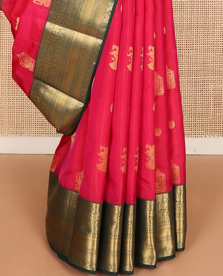 Pink mayil & iruthalai pakshi buttas Vasundhara Lite Silk Mix Saree, contrast border of thilakam mokku,banaras,laddu kamalam,mayil,manga mokku,vanki & kuyil kann & jaal pallu - Image 5