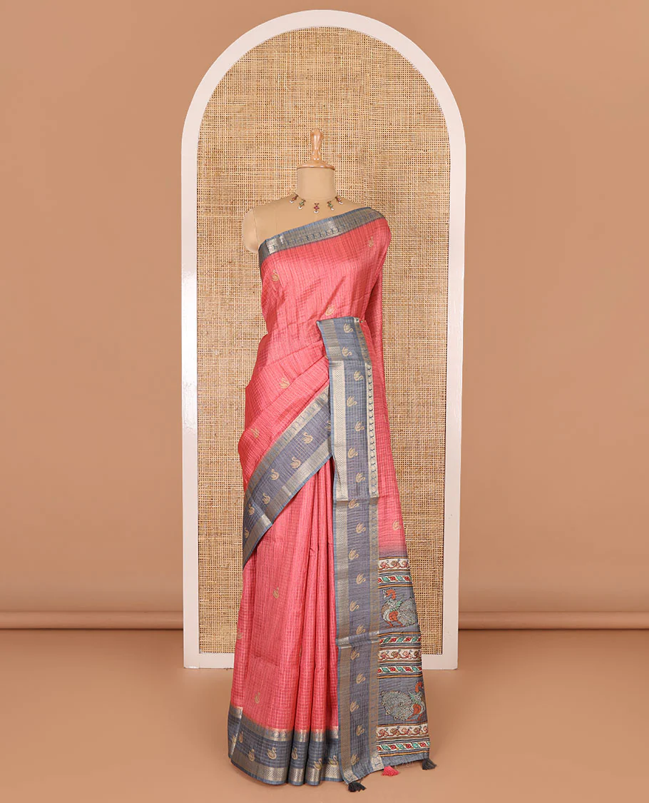 Pink micro-checked and swan motifs katan silk saree, contrast traditional zari border of swan motifs, printed pallu, and contrast buttas blouse - Image 2