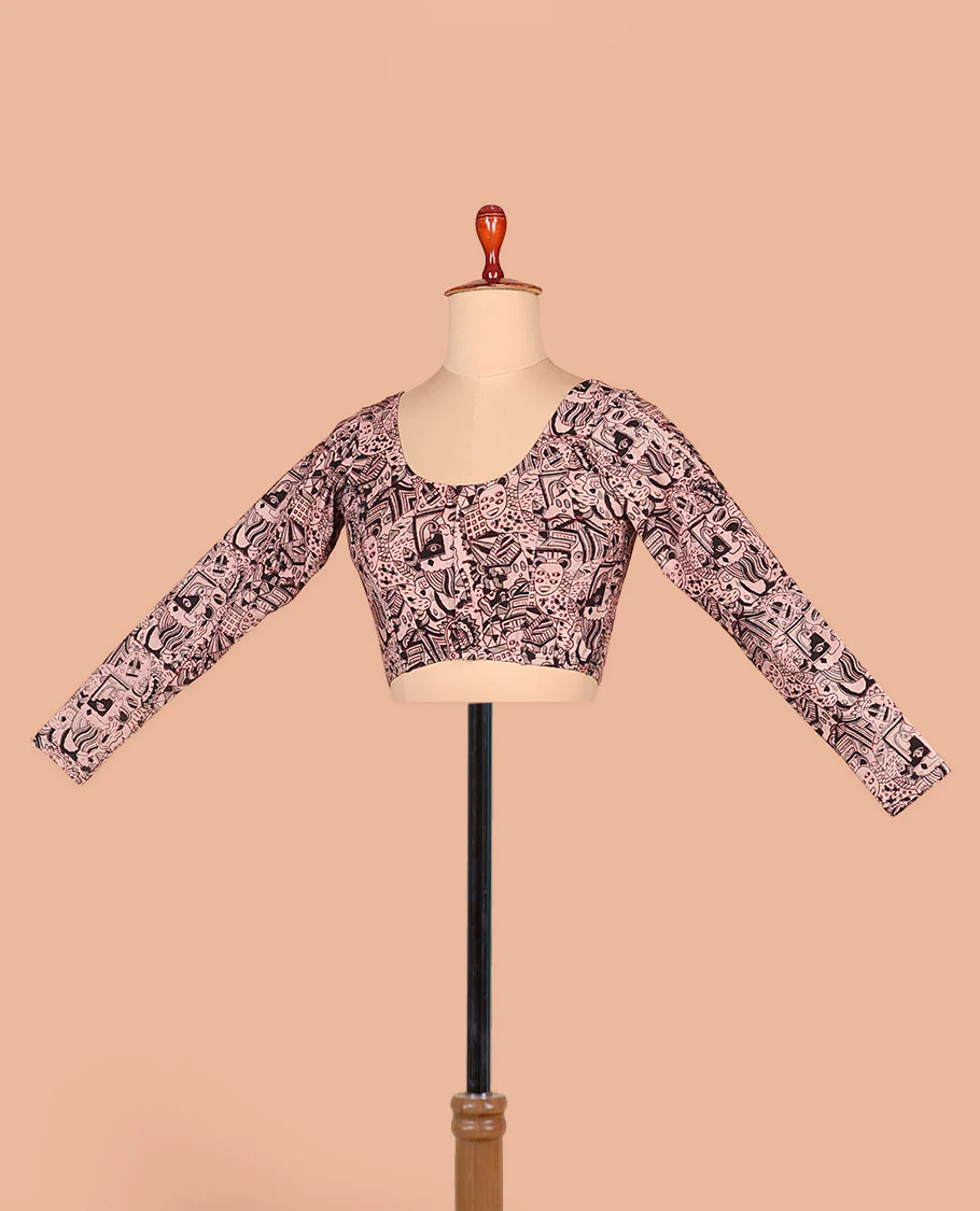 Pink mordern art style printed front-back round neck full-sleeved cotton readymade blouse