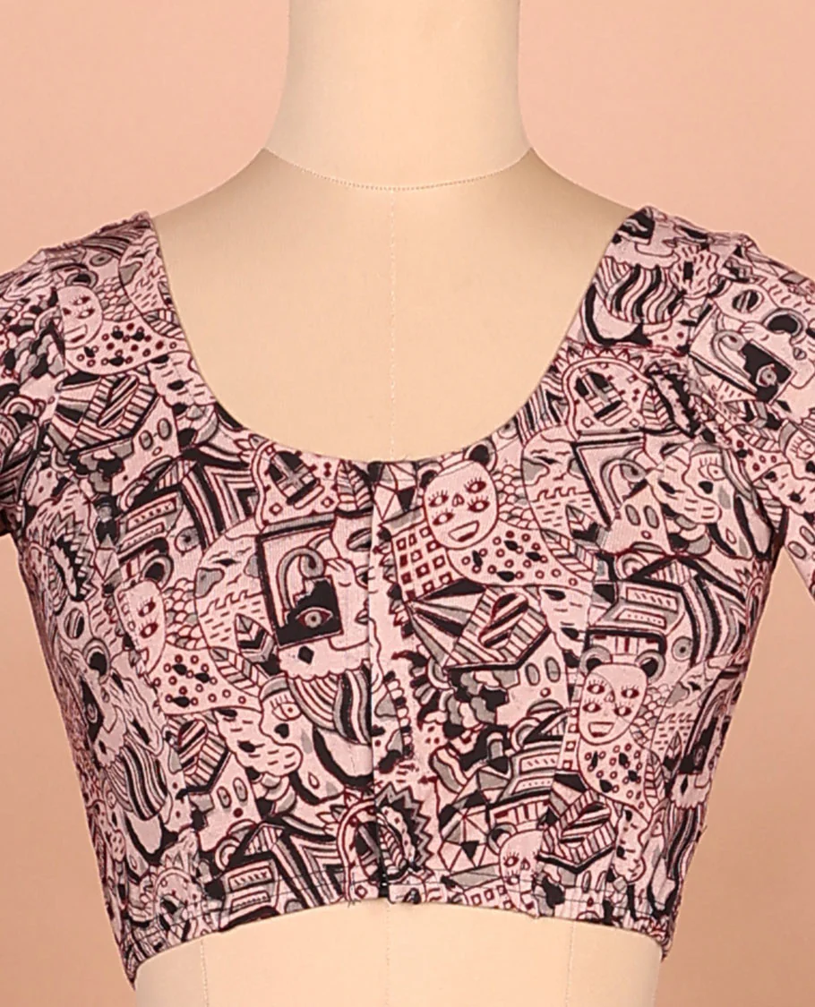 Pink mordern art style printed front-back round neck full-sleeved cotton readymade blouse - Image 3