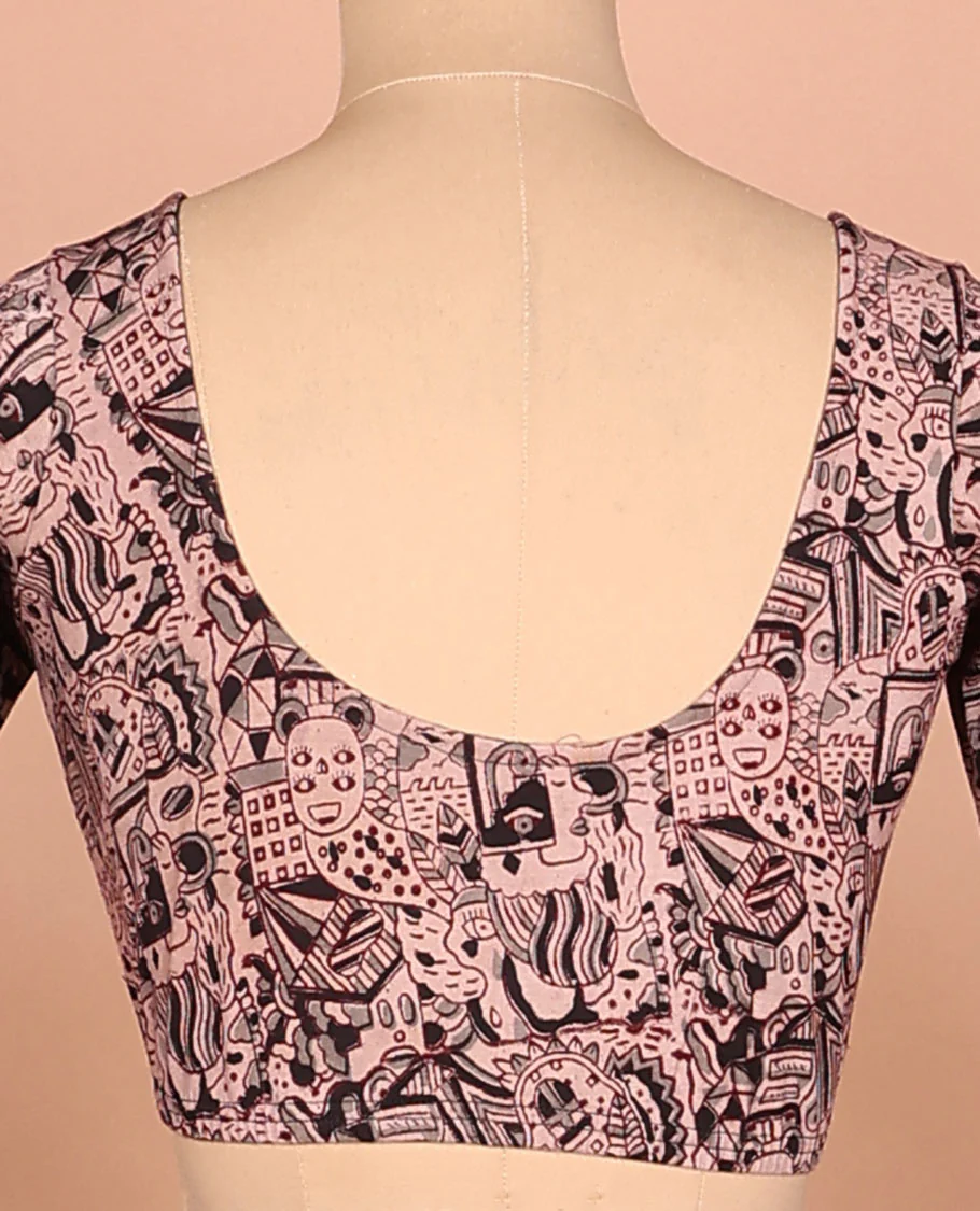 Pink mordern art style printed front-back round neck full-sleeved cotton readymade blouse - Image 4
