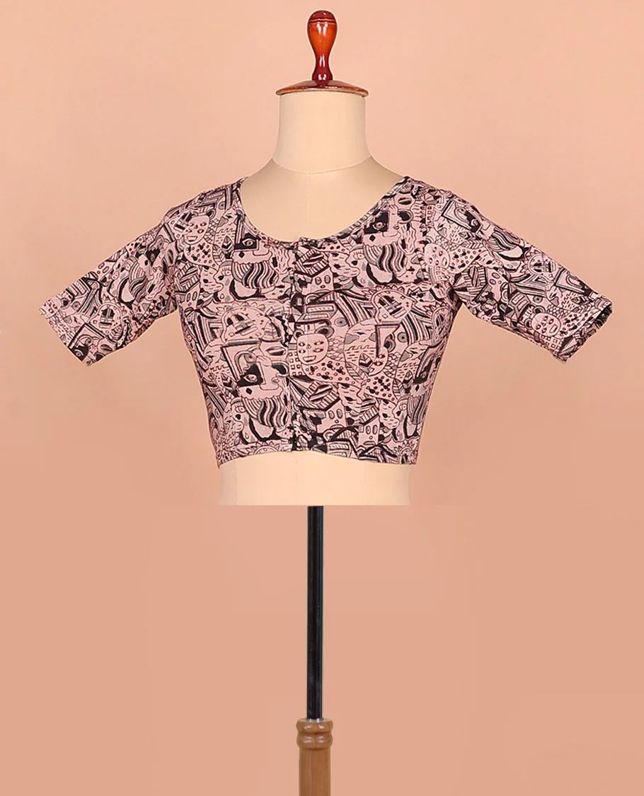 Pink mordern painting style printed front and back round neck elbow sleeve cotton readymade blouse