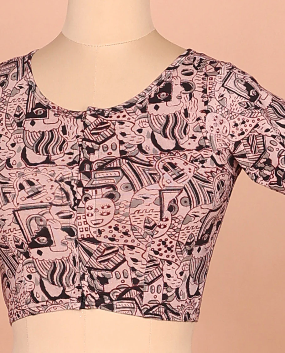 Pink mordern painting style printed front and back round neck elbow sleeve cotton readymade blouse - Image 2