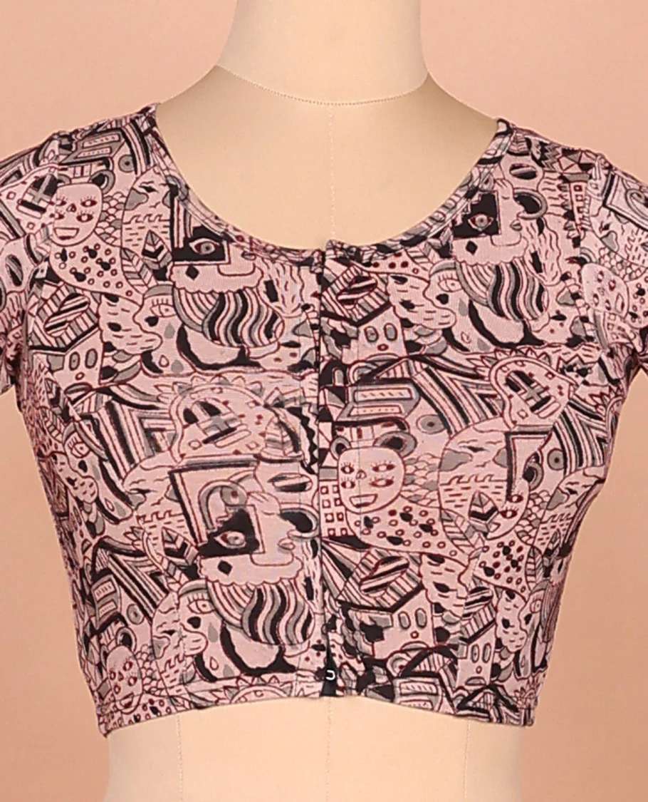 Pink mordern painting style printed front and back round neck elbow sleeve cotton readymade blouse - Image 3