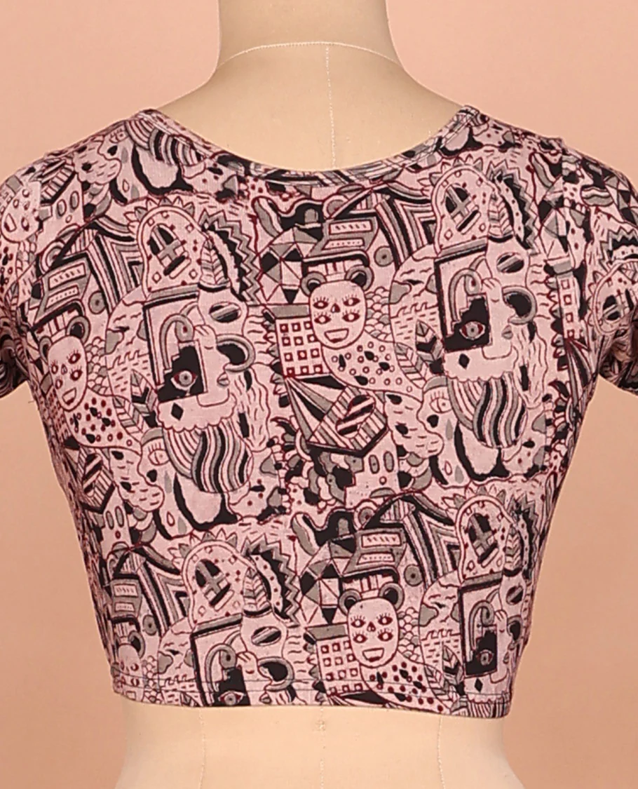 Pink mordern painting style printed front and back round neck elbow sleeve cotton readymade blouse - Image 4