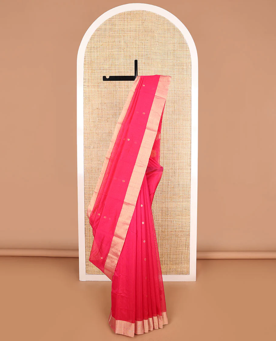 Pink motifs chanderi cotton saree with contrast zari border & striped pallu