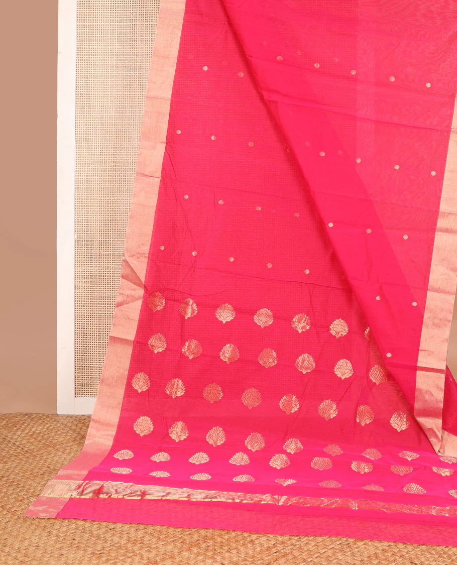 Pink motifs chanderi cotton saree with contrast zari border & striped pallu - Image 2