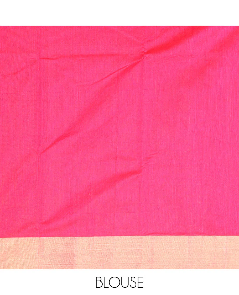 Pink motifs chanderi cotton saree with contrast zari border & striped pallu - Image 5