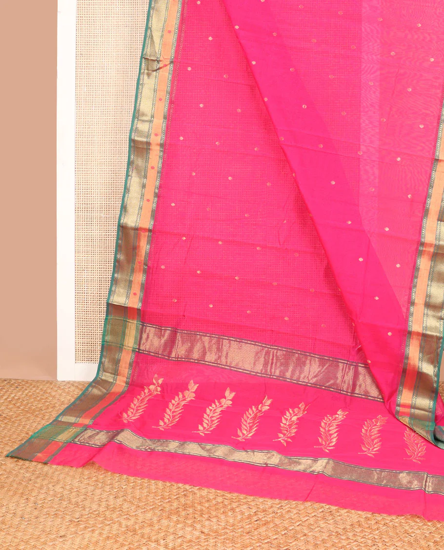Pink motifs chanderi cotton saree with contrast zari design border & striped, floral design pallu - Image 2