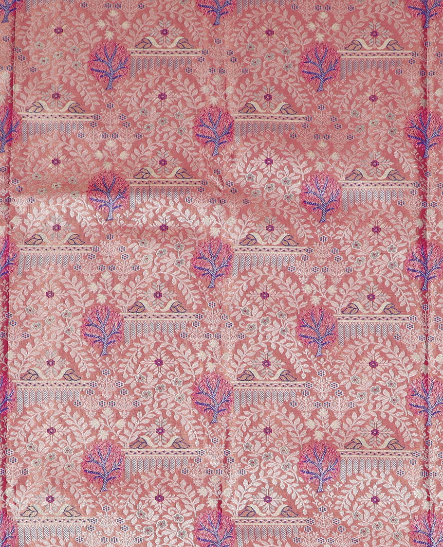 Pink Mughal-style jacquard art-silk half-saree, contrast traditional zari bordered skirt, jacquard blouse, and a paisley design dhavani - Image 3