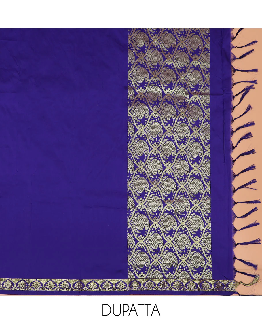 Pink Mughal-style jacquard art-silk half-saree, contrast traditional zari bordered skirt, jacquard blouse, and a paisley design dhavani - Image 4