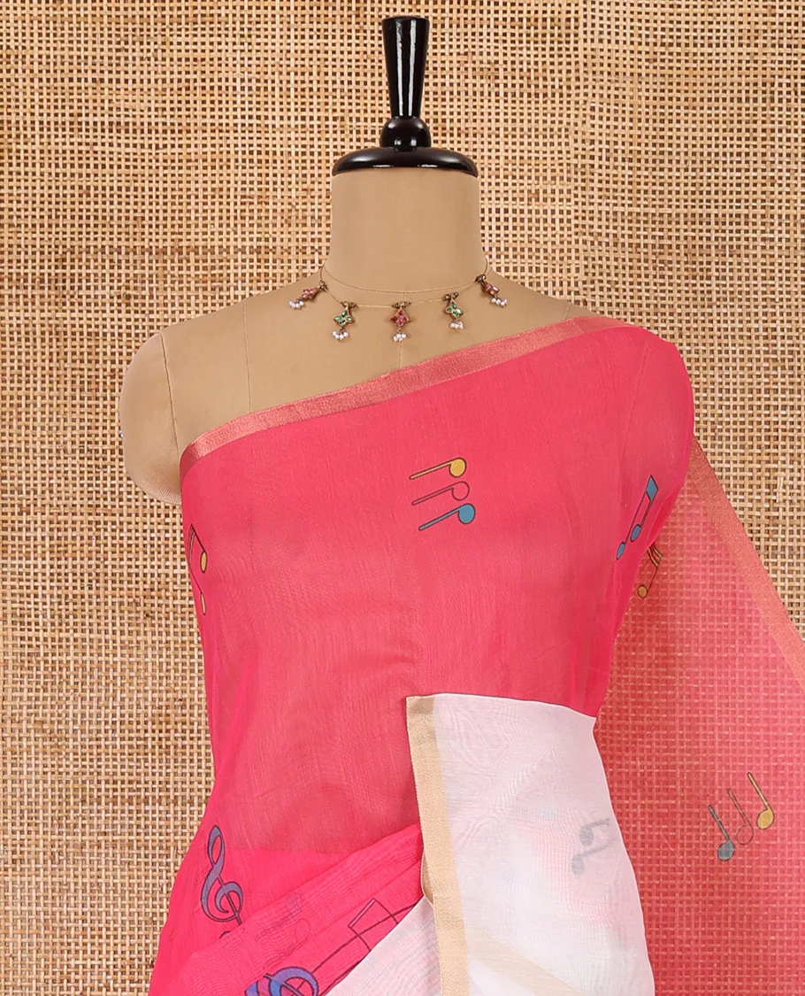 Pink musical-note-motif-printed chanderi cotton saree with contrast musical-note-motif-printed piping border, and a matching blouse - Image 2