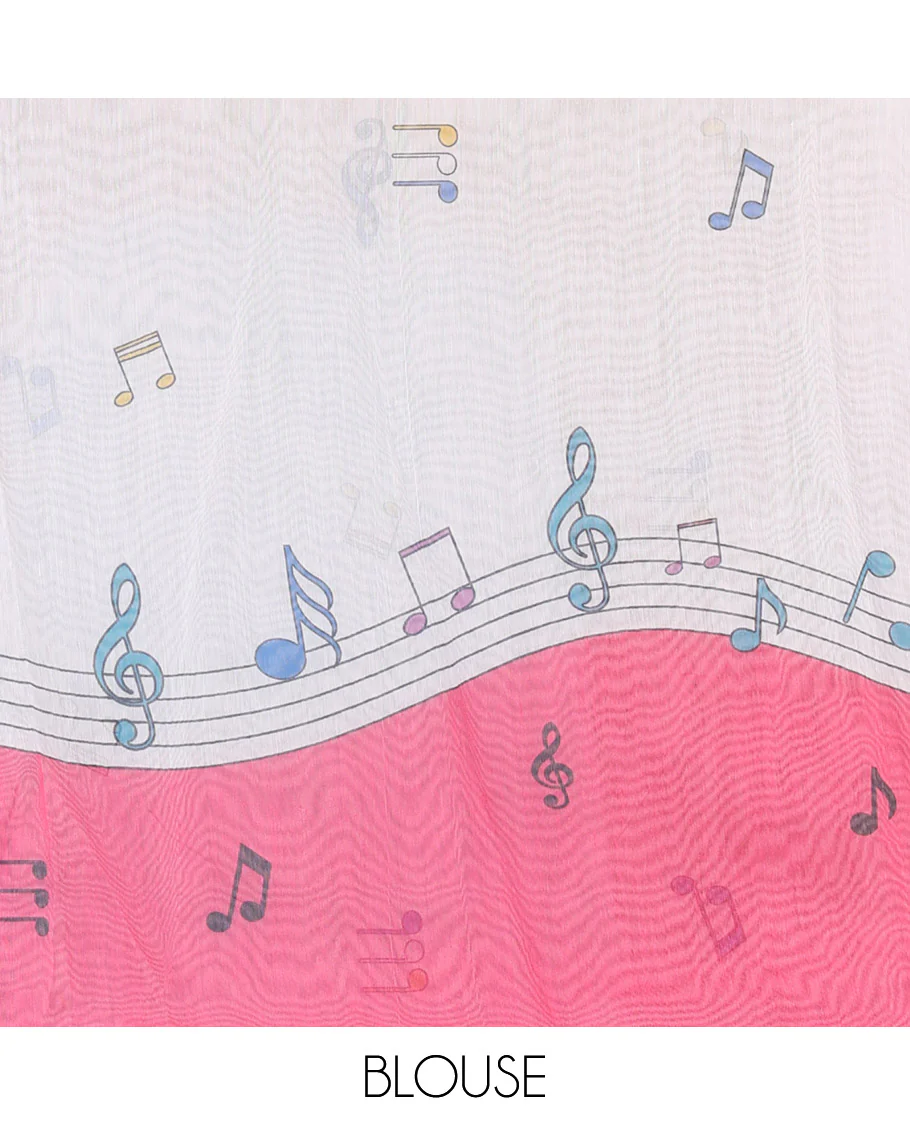 Pink musical-note-motif-printed chanderi cotton saree with contrast musical-note-motif-printed piping border, and a matching blouse - Image 3