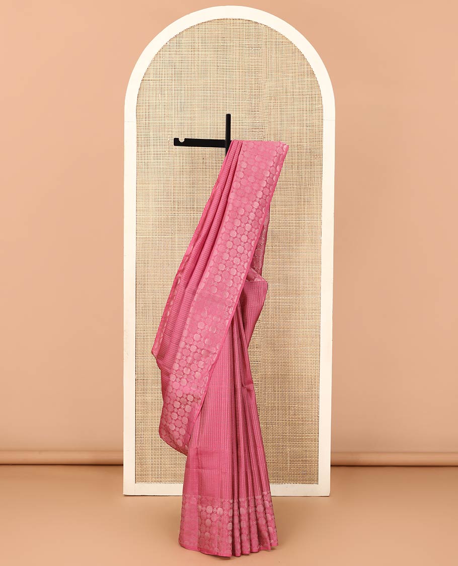 Pink muthu striped Mayuri soft silk saree, self-border, and pallu steeped with geometric patterns