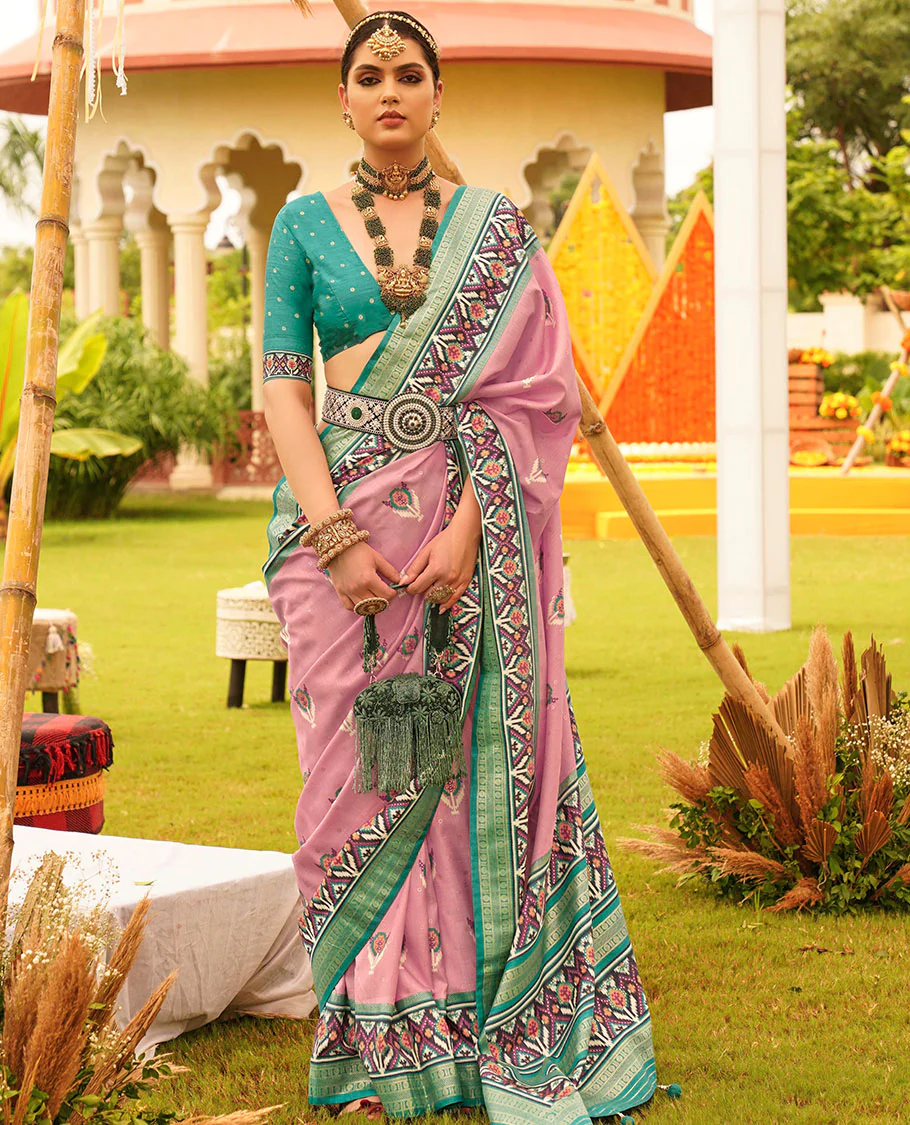 Pink patola floral motifs printed designer saree, contrast intricate patola border, and floral motifs patola printed pallu