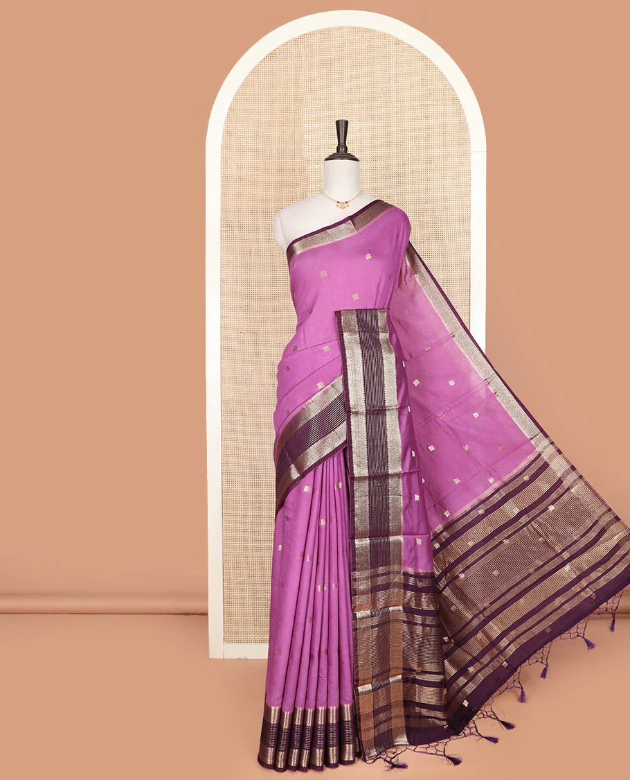 Pink peacock buttas assam silk saree, contrast traditional zari border, and pallu of zari design