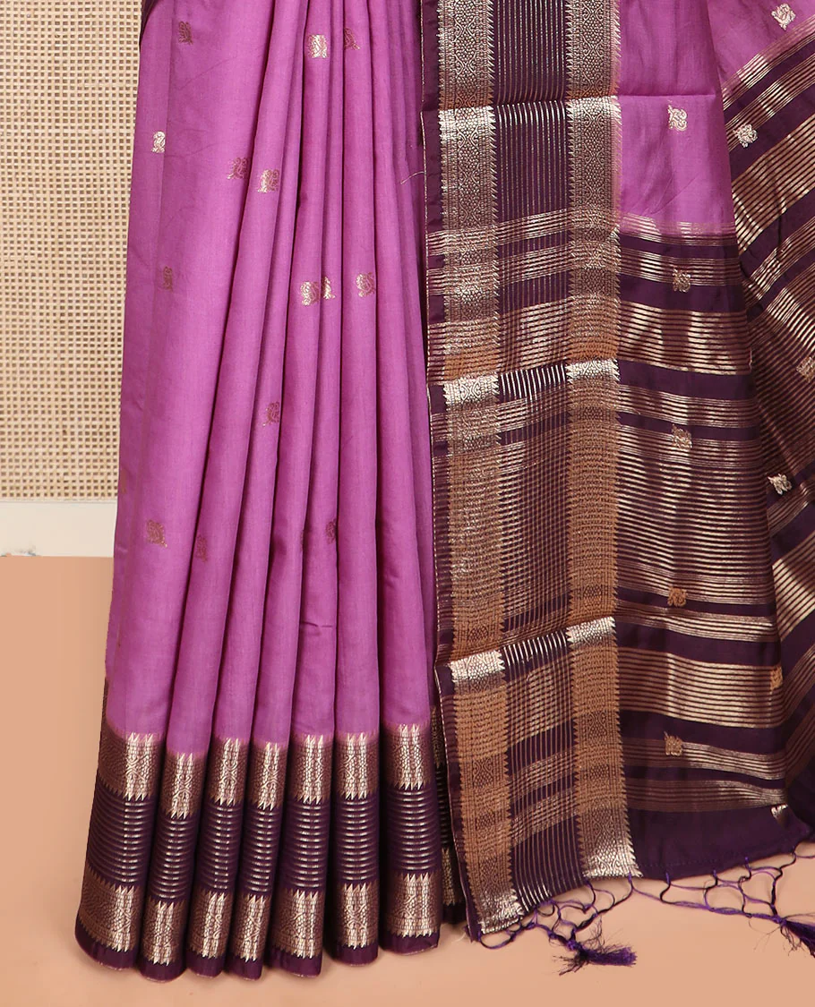 Pink peacock buttas assam silk saree, contrast traditional zari border, and pallu of zari design - Image 3