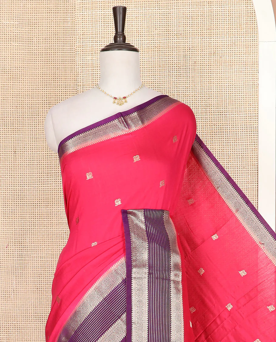 Pink peacock buttas assam silk saree, contrast traditional zari border, and pallu of zari design - Image 2