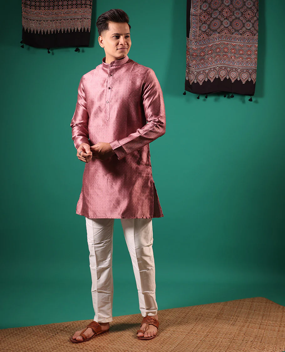 Pink peacock eye style diamond patterns embossed full-sleeved men's kurta