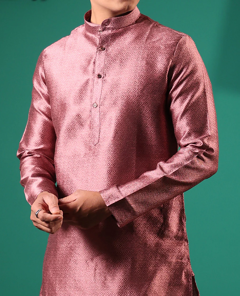 Pink peacock eye style diamond patterns embossed full-sleeved men's kurta - Image 4