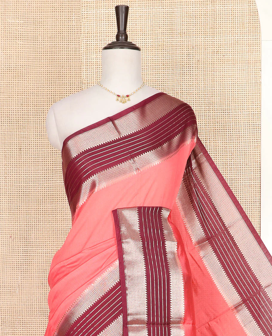 Pink plain assam silk saree, contrast traditional zari design border, and zari striped pallu - Image 2