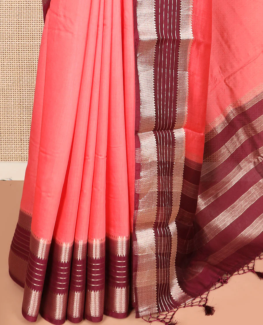 Pink plain assam silk saree, contrast traditional zari design border, and zari striped pallu - Image 3
