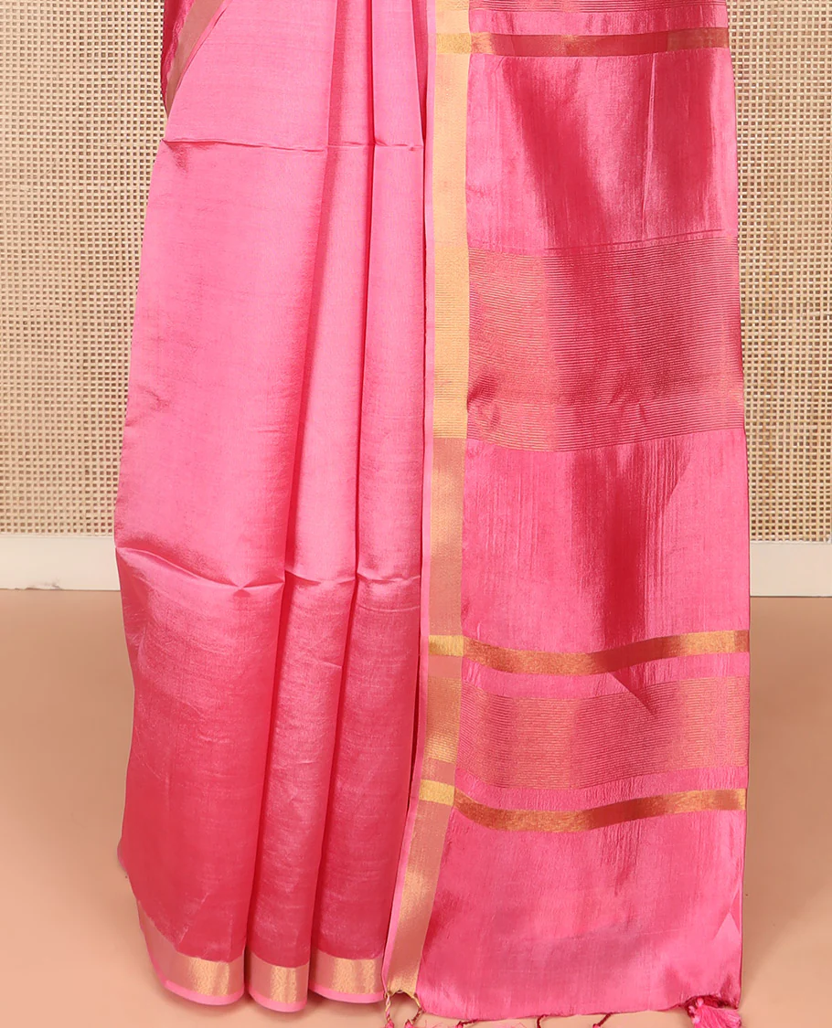 Pink Plain Banana Pith Saree Subtly Sparkled with Zari Bavanji Border, Gleaming Zari Stripes Woven Pallu, and Paired with a Matching Plain Blouse - Image 4