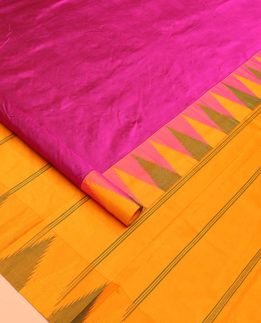 Pink plain Bangalore silk saree, contrast temple border, and pallu of stripes - Image 2