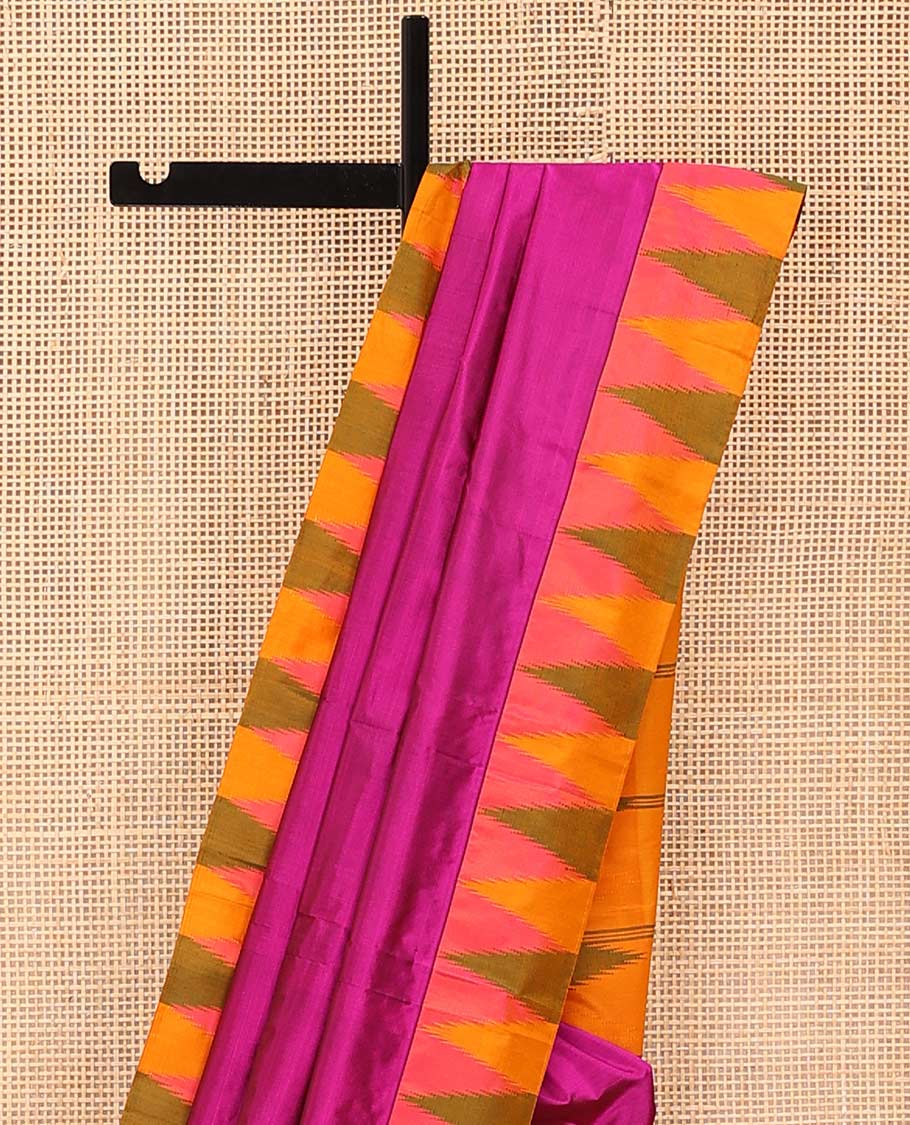 Pink plain Bangalore silk saree, contrast temple border, and pallu of stripes - Image 3