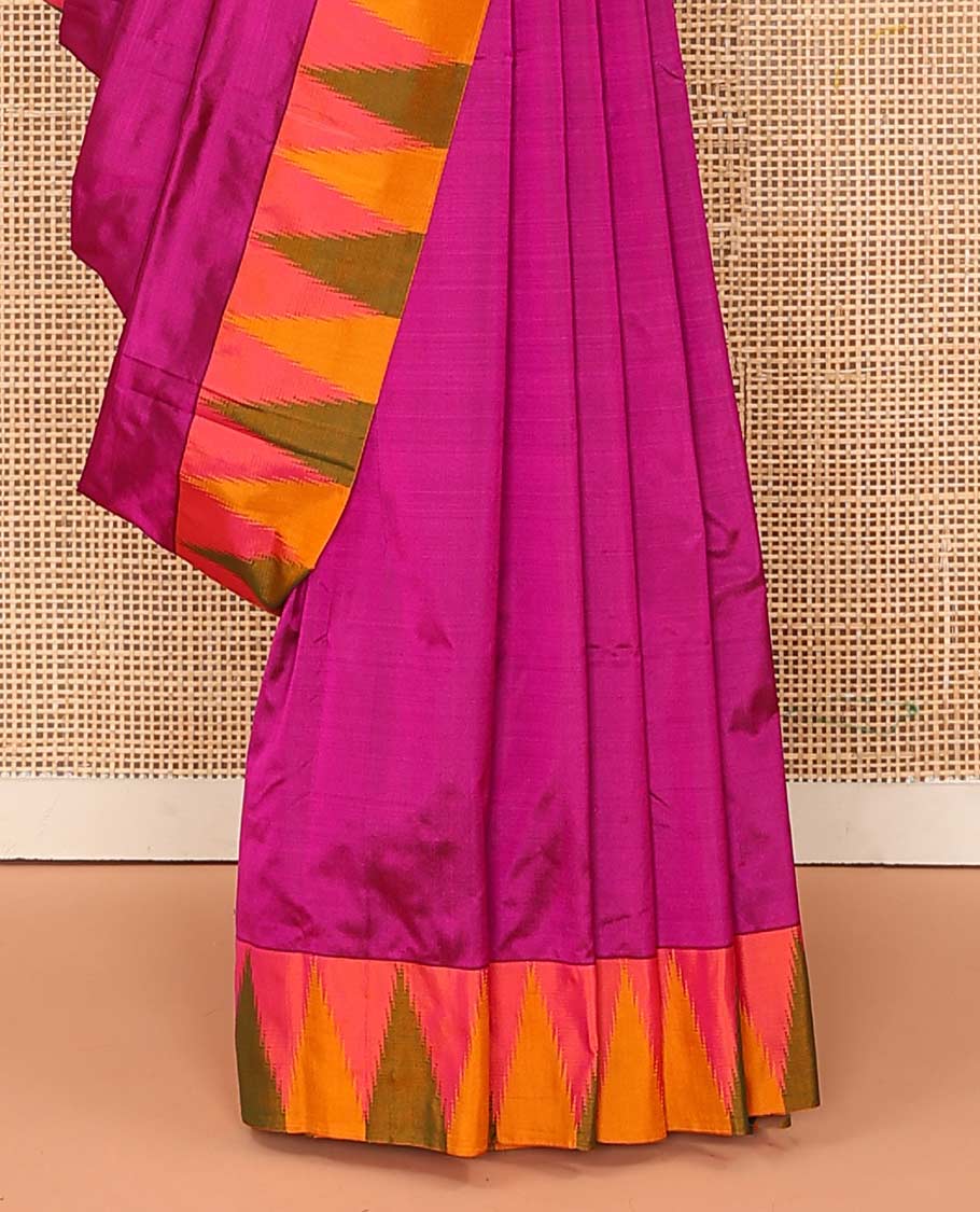 Pink plain Bangalore silk saree, contrast temple border, and pallu of stripes - Image 4
