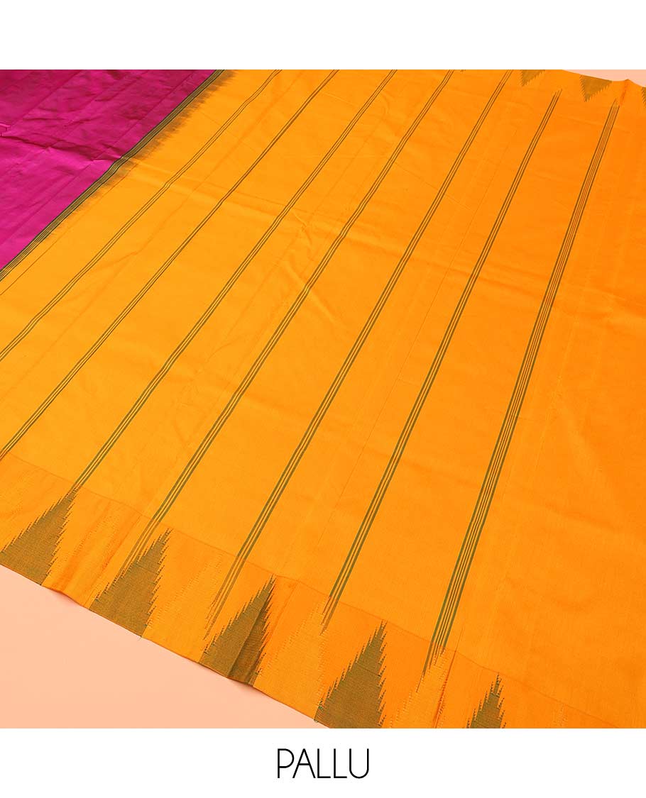 Pink plain Bangalore silk saree, contrast temple border, and pallu of stripes - Image 5