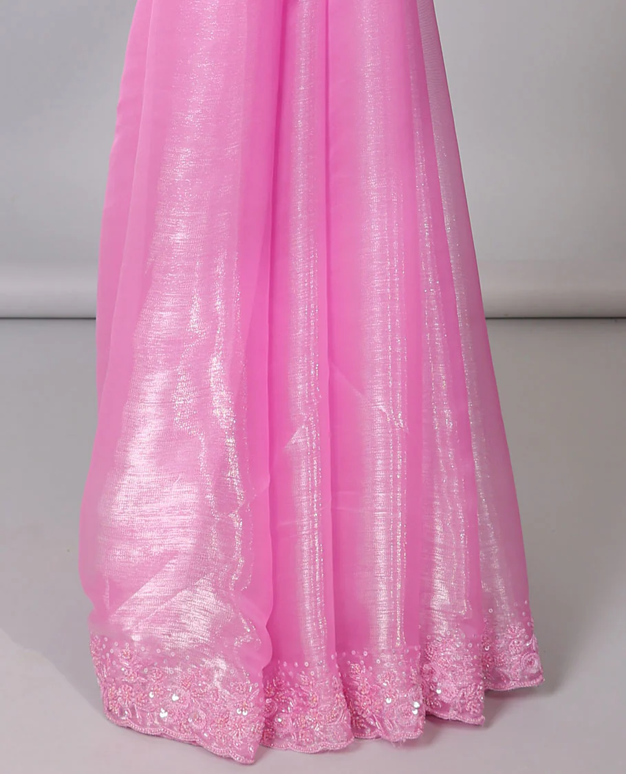 Pink plain design designer saree, floral design embroidered scallop border - Image 4