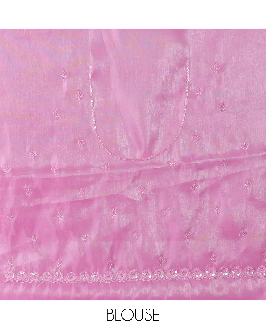 Pink plain design designer saree, floral design embroidered scallop border - Image 5