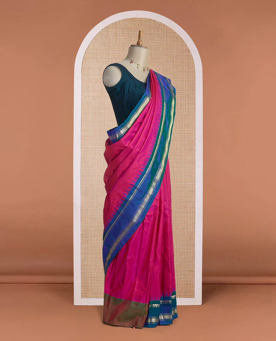 Pink plain design gadwal silk saree, contrast rettai pettu traditional zari design border & pallu of chakram designs