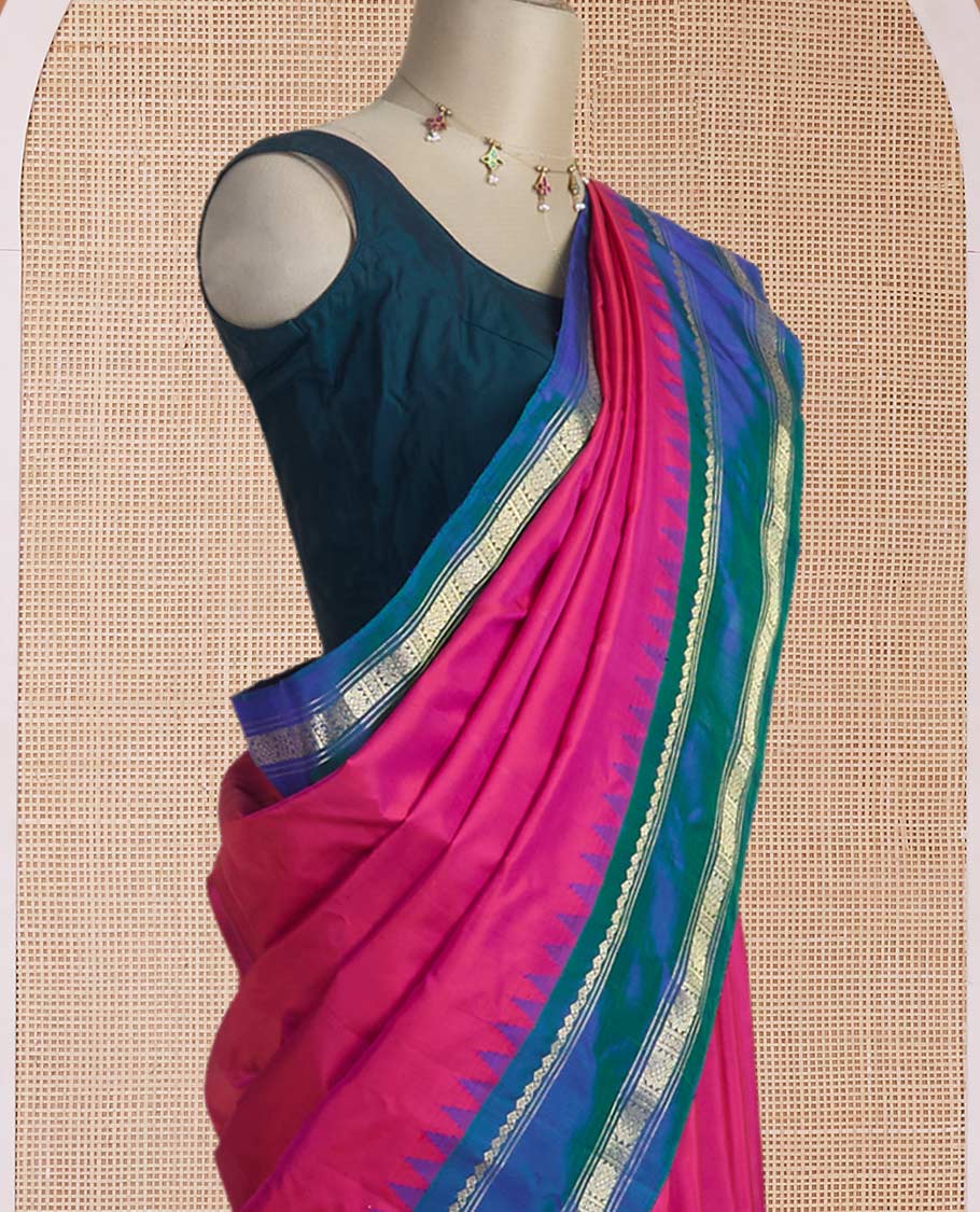Pink plain design gadwal silk saree, contrast rettai pettu traditional zari design border & pallu of chakram designs - Image 3