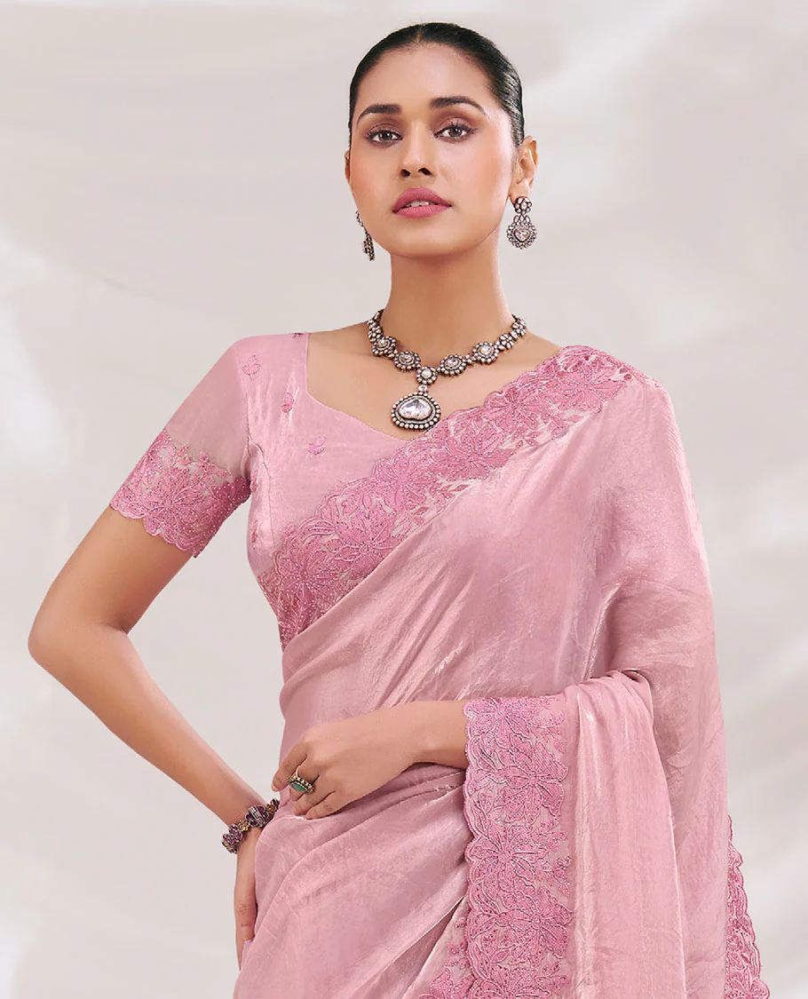 Pink Plain Designer Saree Features Elegant Floral Embroidered Borders All Over the Edges, Paired with Embroidery Work Blouse - Image 2