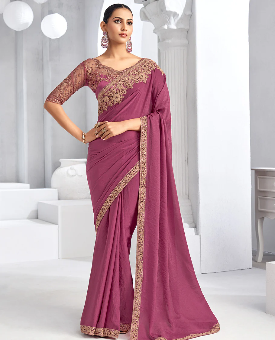 Pink plain designer saree, intricately embroidered border, and self-pallu