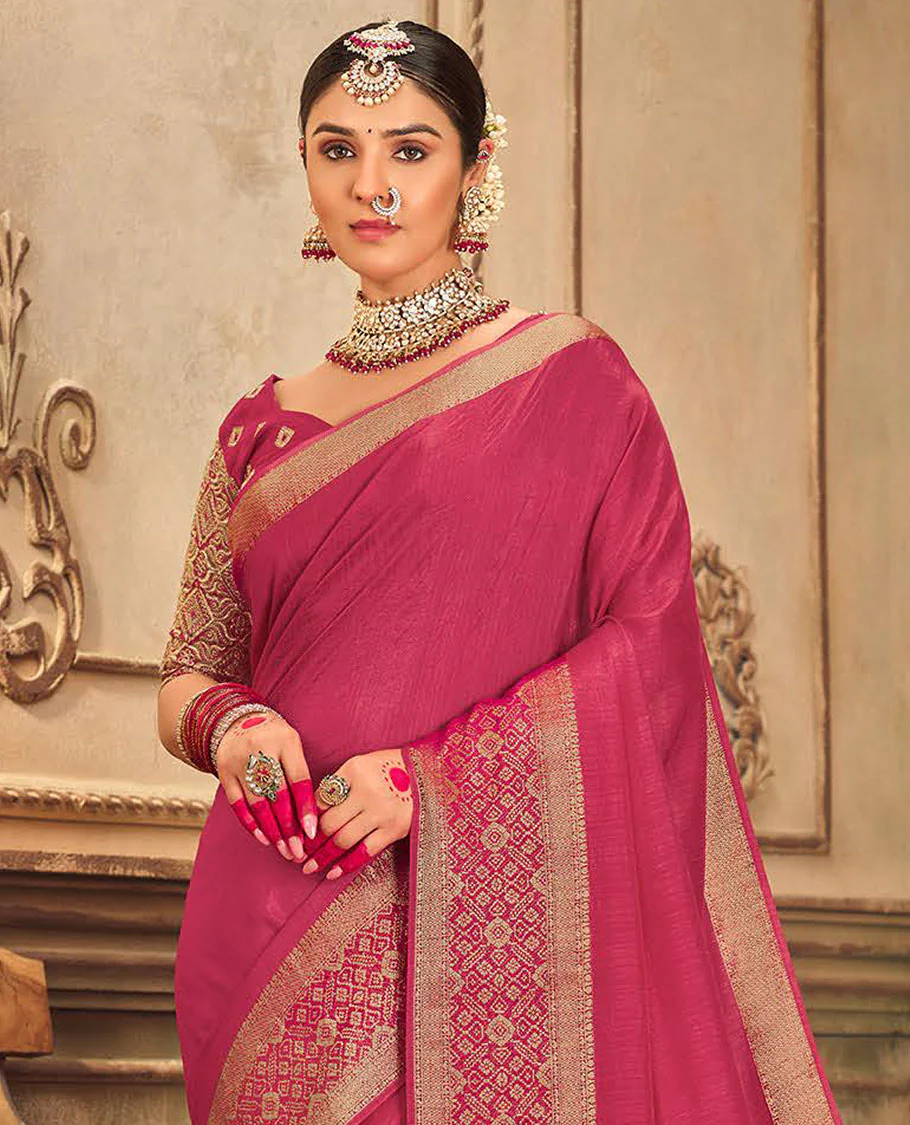 Pink plain designer saree, patola-style motifs woven border, and zari striped pallu - Image 2